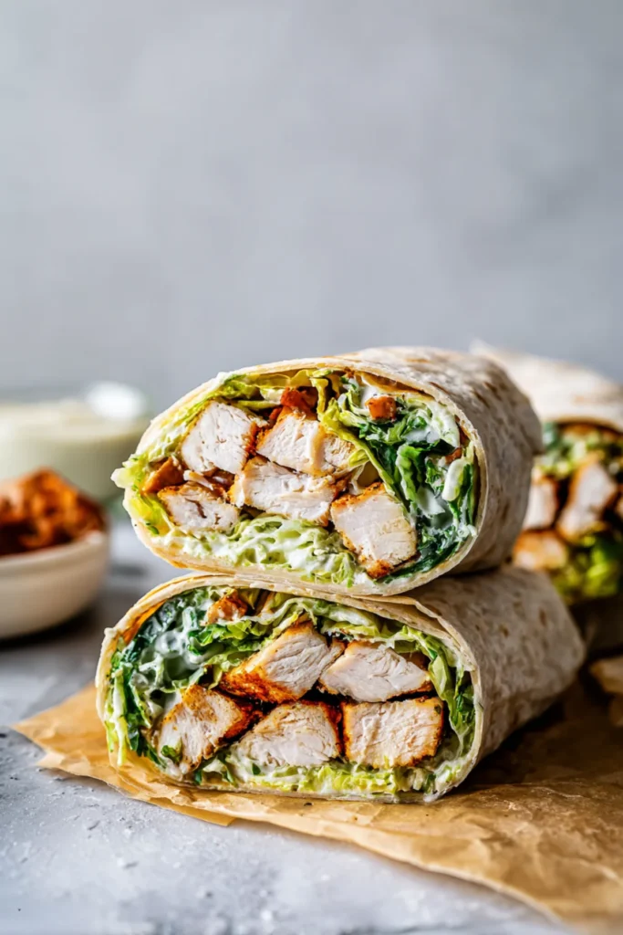 Grilled chicken Caesar wrap with crisp romaine and creamy dressing wrapped in a soft tortilla.
