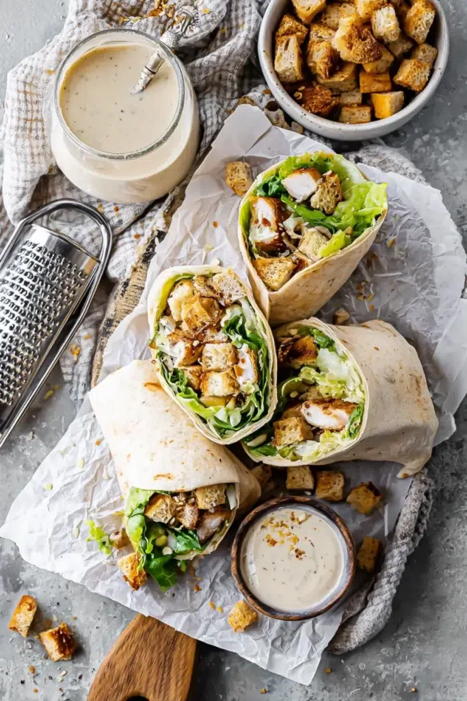 Chicken Caesar wraps with lettuce, croutons, and creamy dressing served on parchment with dipping sauce and cheese.