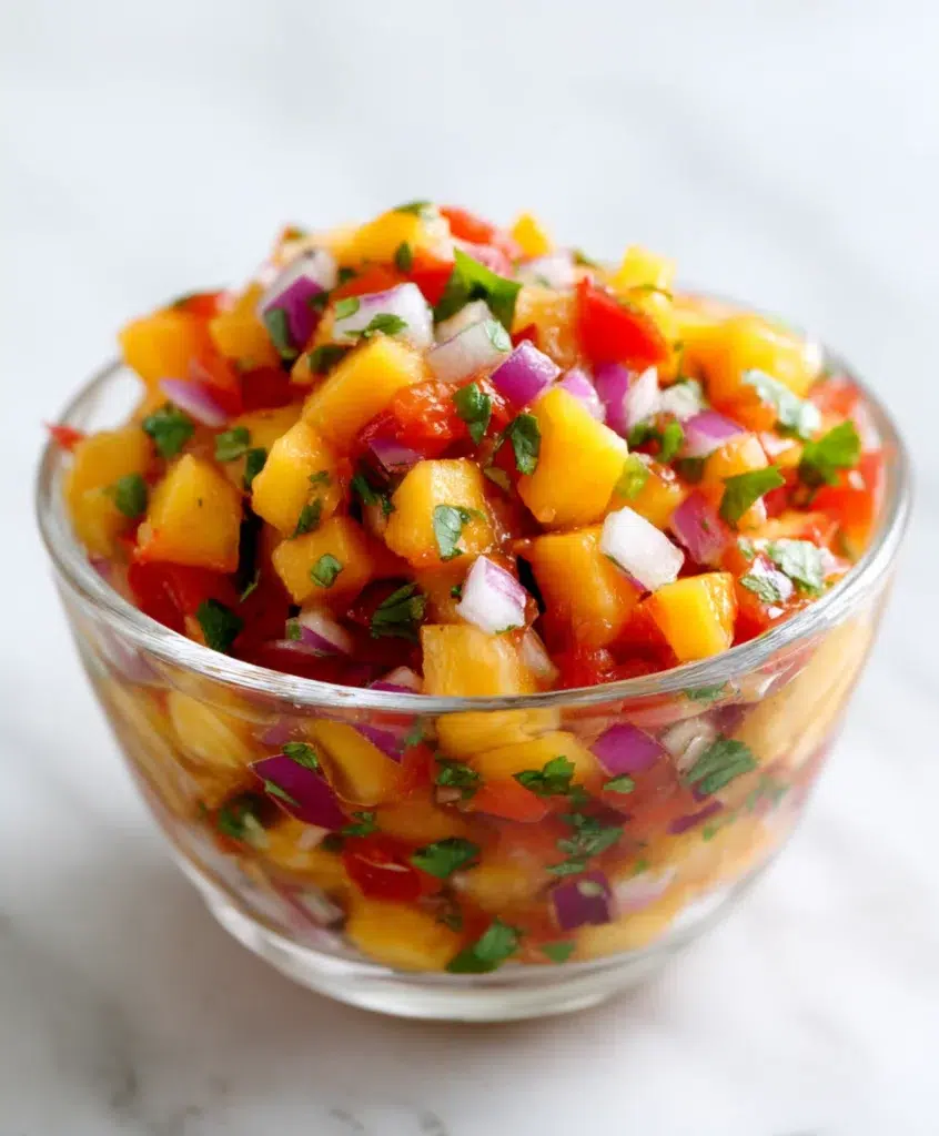 Chopped fresh peach salsa with red onion, tomatoes, and herbs served in a glass bowl on a white marble surface.

