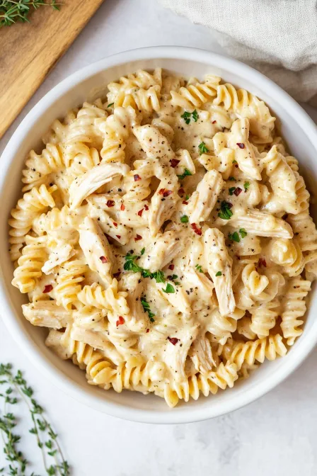 Overhead view of crockpot garlic parmesan chicken pasta in a white bowl, topped with red pepper flakes and parsley