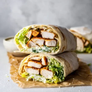 Crispy chicken Caesar wrap filled with romaine lettuce and creamy dressing, cut in halves for easy serving.