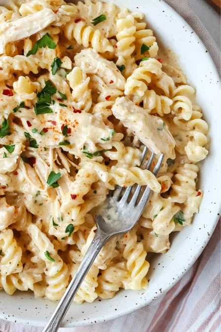 Fork twirling creamy crockpot garlic parmesan chicken pasta with rotini and shredded chicken