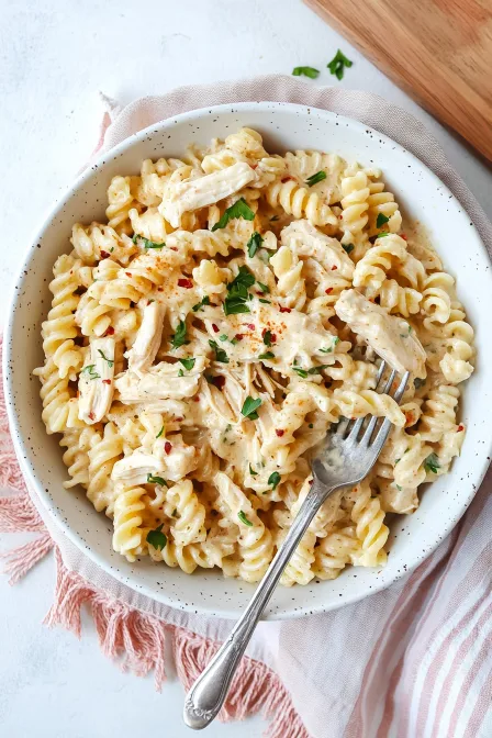 Flat lay of crockpot garlic parmesan chicken pasta in a white speckled bowl with a fork and pink napkin