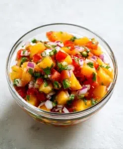 Colorful fresh peach salsa with red onions, tomatoes, jalapeños, and cilantro in a glass bowl on a white counter.