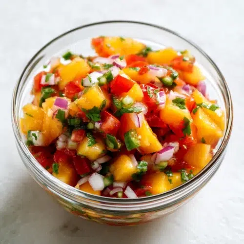Colorful fresh peach salsa with red onions, tomatoes, jalapeños, and cilantro in a glass bowl on a white counter.