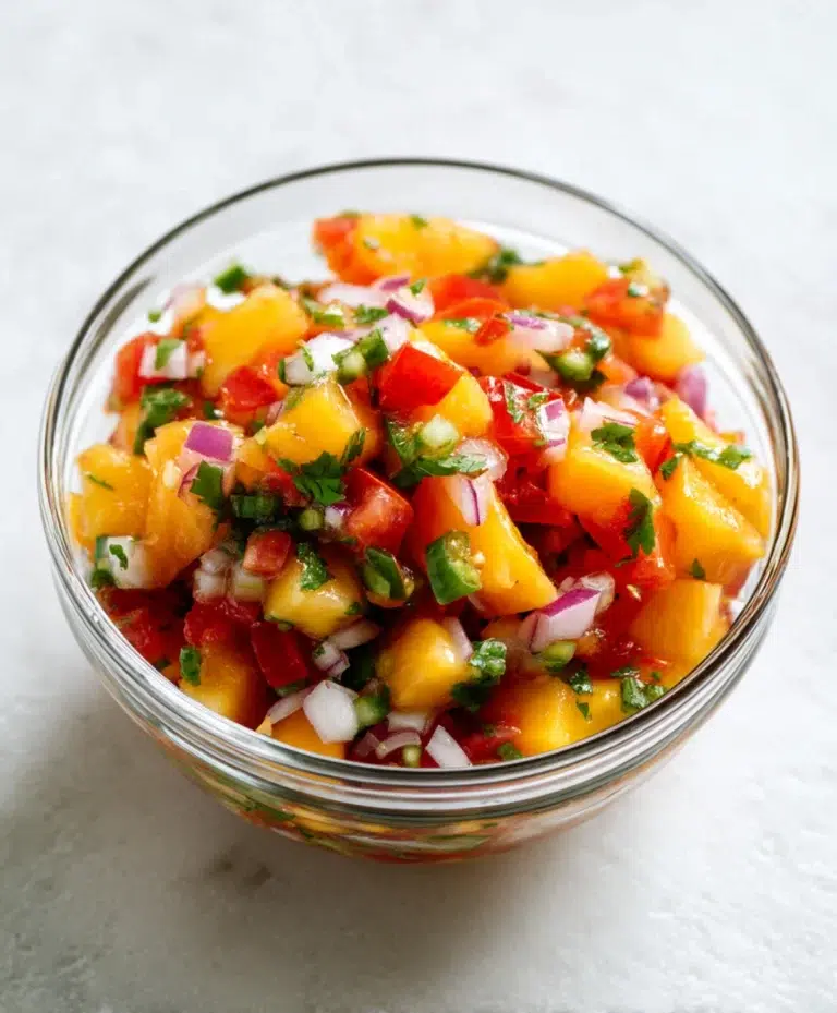 Colorful fresh peach salsa with red onions, tomatoes, jalapeños, and cilantro in a glass bowl on a white counter.