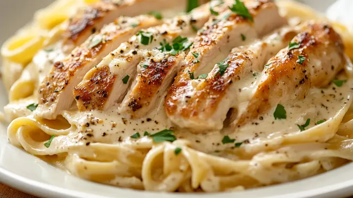 Garlic Parmesan Chicken Pasta served with creamy sauce and sliced chicken