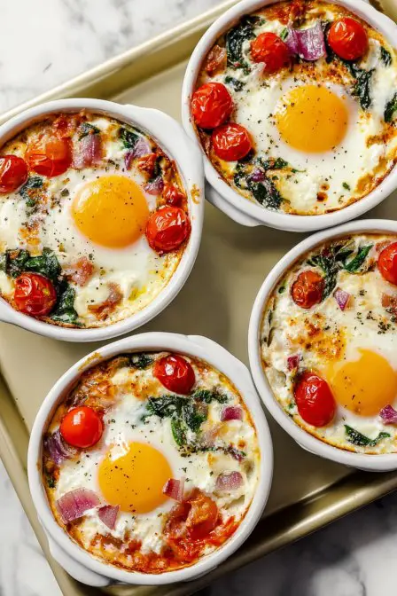 Baked eggs in four ramekins with cherry tomatoes, spinach, red onion, and feta on a baking tray.