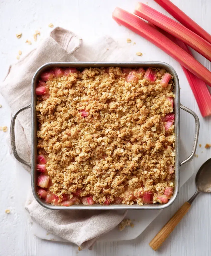 Golden oat crumble topping over baked rhubarb crisp in a square metal dish on a white counter.