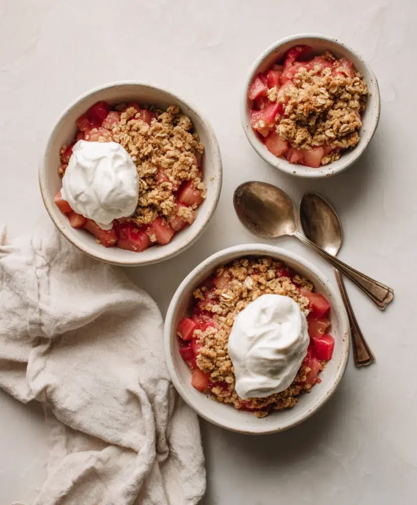 Bowls of rhubarb crisp topped with golden crumble and whipped cream, served on a light countertop with spoons.