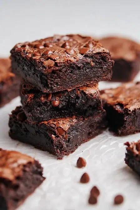 Stack of rich, chewy chocolate brownies with crackly tops and chocolate chips on a white textured surface
