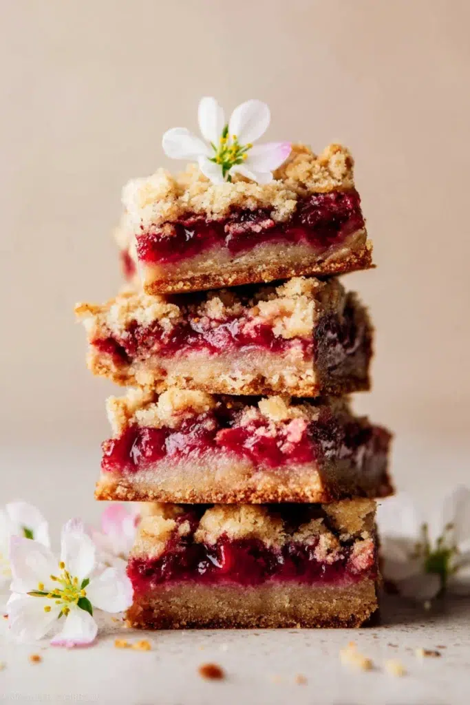 Stack of golden brown strawberry rhubarb crumb bars topped with a flower, showcasing their juicy filling.