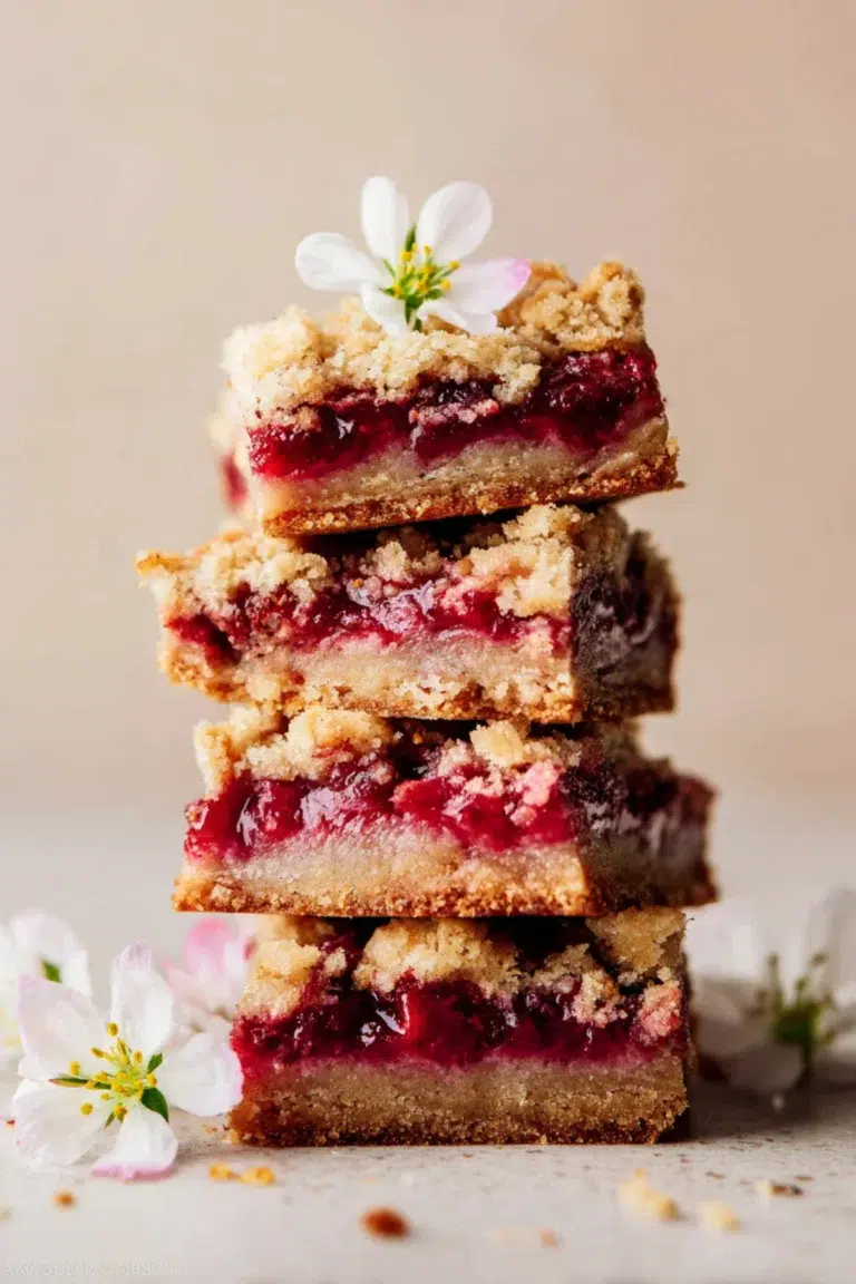 Stack of golden brown strawberry rhubarb crumb bars topped with a flower, showcasing their juicy filling.