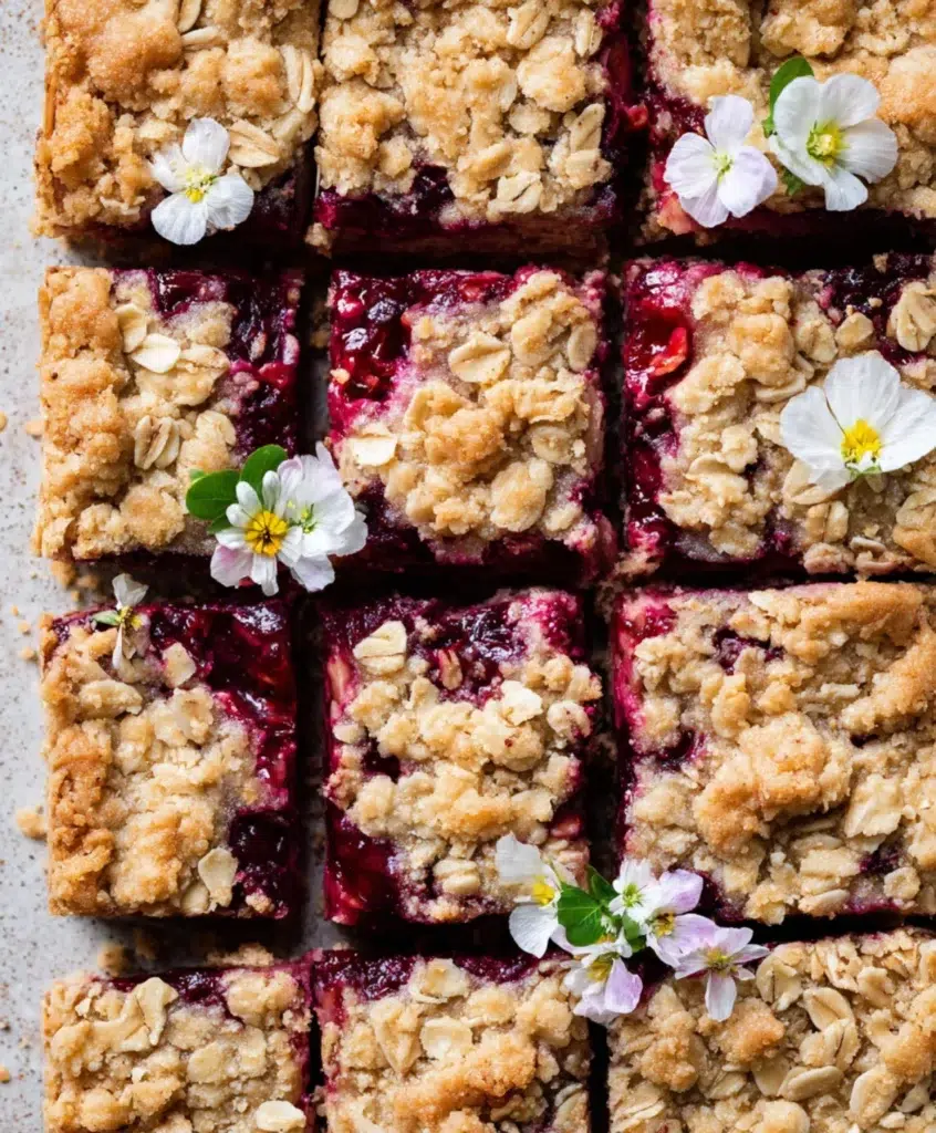 Overhead view of strawberry rhubarb crumb bars with oats and flower garnish, cut into perfect squares.

