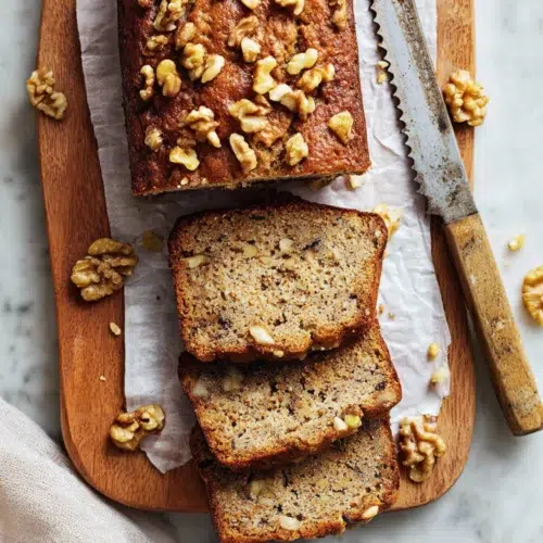 Freshly baked banana bread loaf topped with walnuts, sliced on a wooden board with a serrated knife and parchment paper.