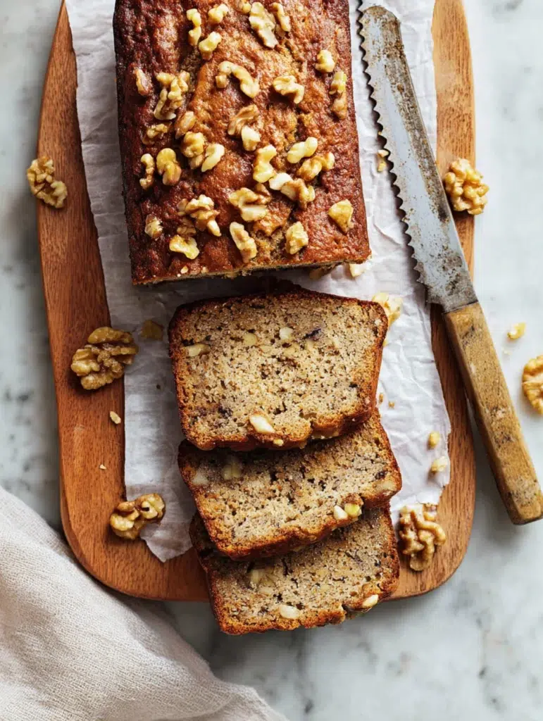 Freshly baked banana bread loaf topped with walnuts, sliced on a wooden board with a serrated knife and parchment paper.