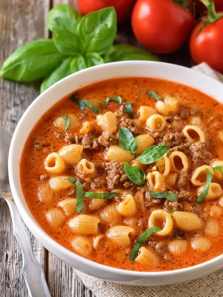 Creamy beefy tomato soup with ditalini pasta and ground beef, garnished with basil leaves in a white bowl on rustic wood.