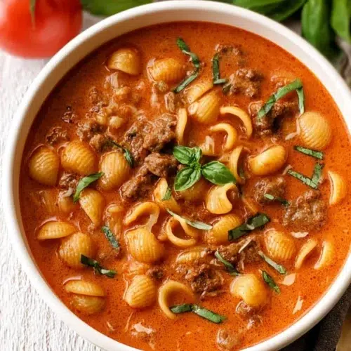 Bowl of beefy tomato soup with shell pasta, ground beef, fresh basil, and creamy tomato broth, garnished with herbs.
