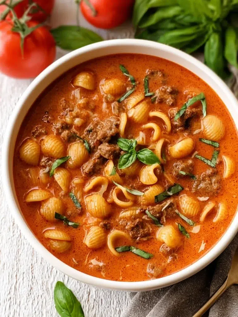 Bowl of beefy tomato soup with shell pasta, ground beef, fresh basil, and creamy tomato broth, garnished with herbs.