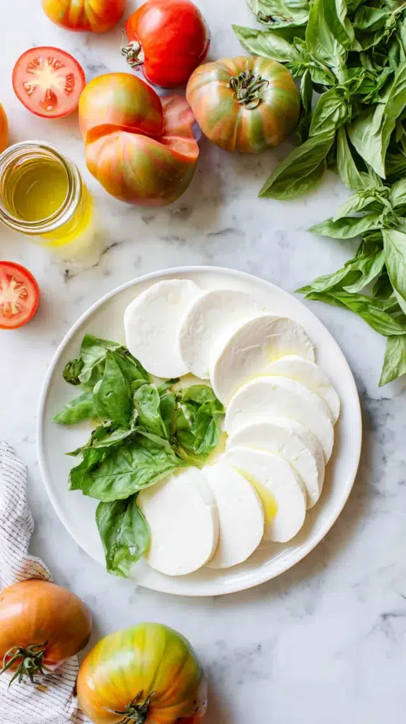Fresh Caprese salad with ripe tomatoes, mozzarella slices, and basil leaves drizzled with olive oil.