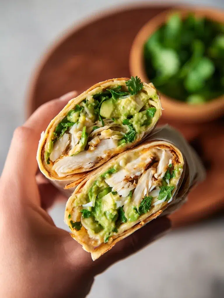 Hand holding a halved chicken avocado wrap filled with shredded chicken, mashed avocado, melted cheese, and fresh cilantro.