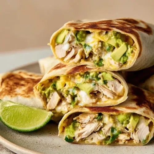 Close-up of grilled chicken avocado wraps filled with melted cheese, creamy avocado, and juicy chicken, served with lime.