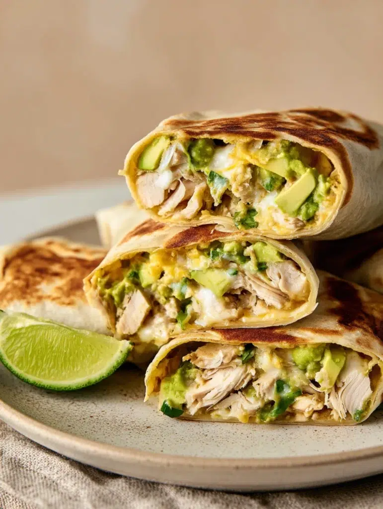 Close-up of grilled chicken avocado wraps filled with melted cheese, creamy avocado, and juicy chicken, served with lime.