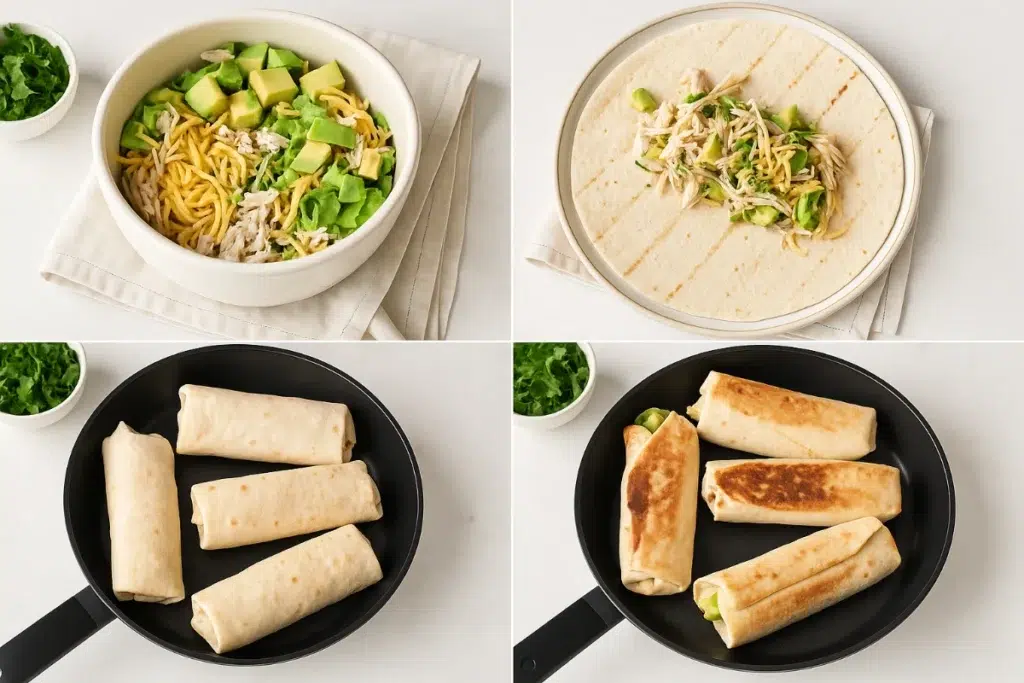 Grilled chicken avocado wraps with shredded cheese being assembled and toasted in a skillet for a crispy finish.