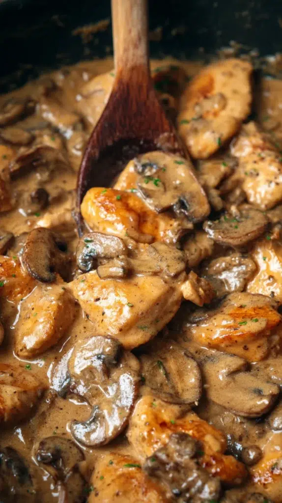 Creamy chicken stroganoff with golden chicken pieces, mushrooms, and a rich sauce in a skillet.