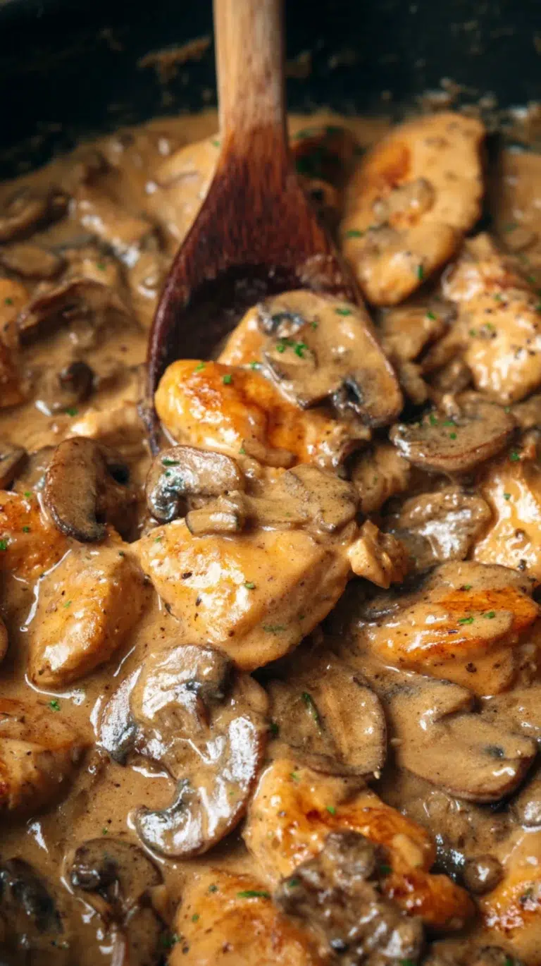 Creamy chicken stroganoff with golden chicken pieces, mushrooms, and a rich sauce in a skillet.
