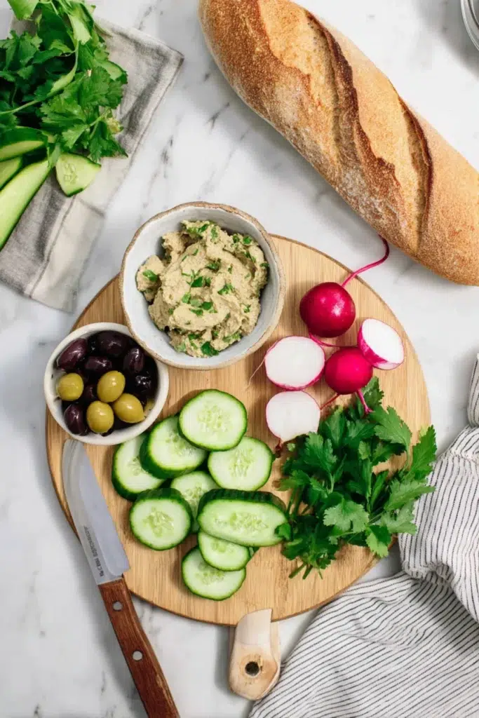 Fresh sandwich ingredients including chickpea mash, cucumbers, radishes, olives, and baguette on a prep board