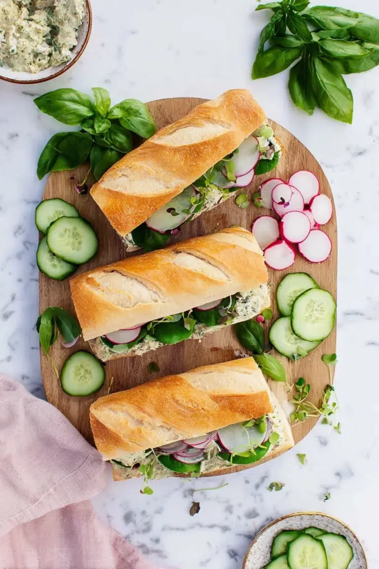 Fresh chickpea salad sandwiches with cucumber, radish, microgreens, and baguette on a wooden board