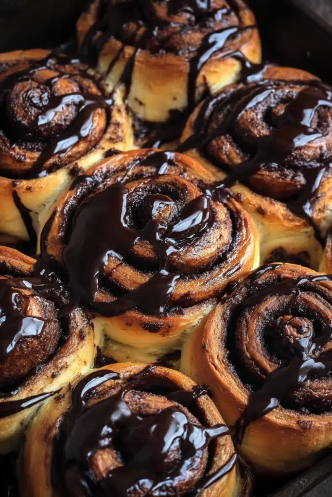 Soft chocolate cinnamon rolls drizzled with rich chocolate sauce, creating a gooey and indulgent treat for any occasion.