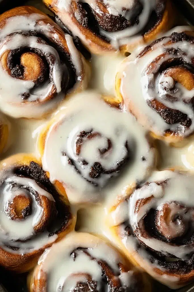 Freshly baked chocolate cinnamon rolls topped with creamy glaze, warm and gooey for a perfect homemade treat