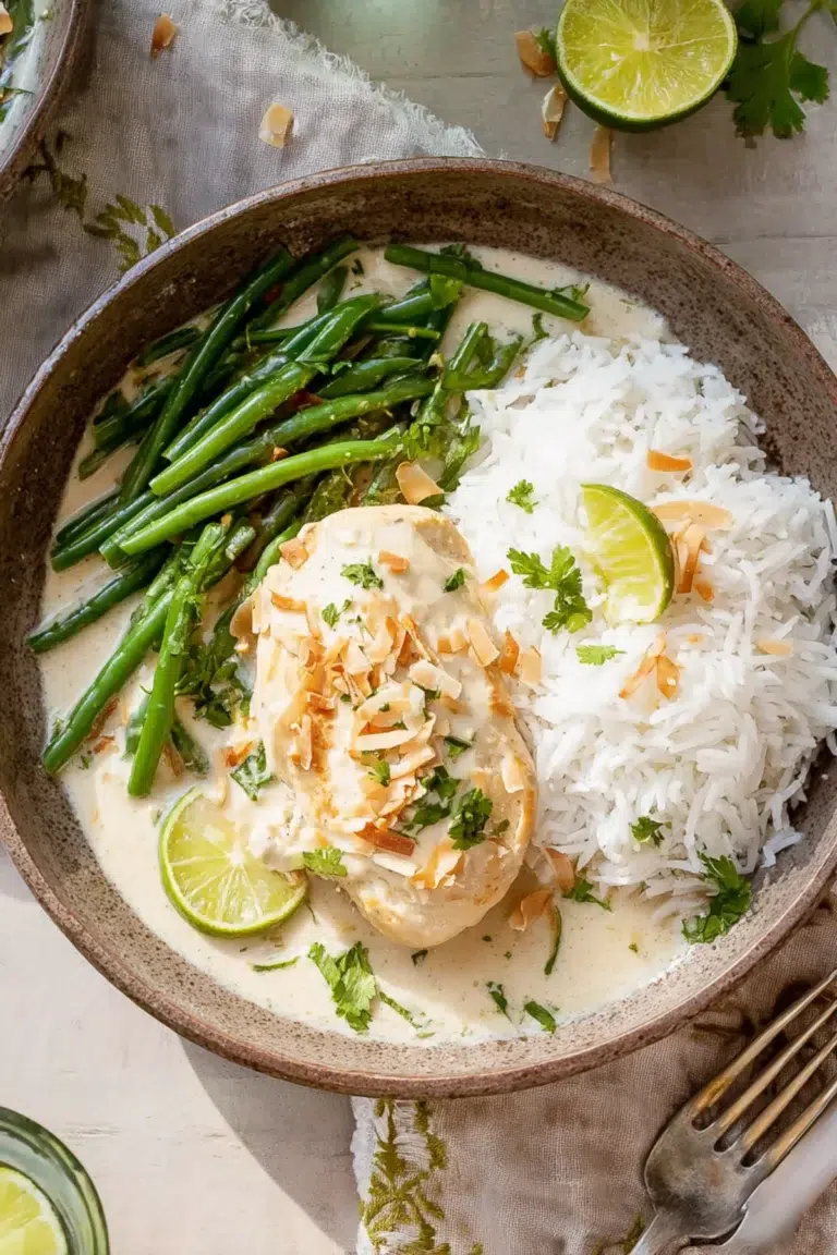 Creamy coconut lime chicken served with fluffy rice, fresh green beans, and lime wedges for a tropical meal.