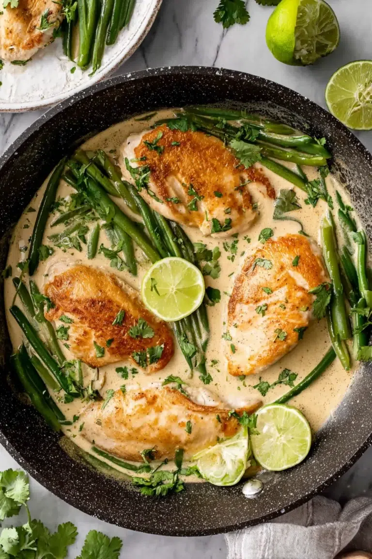 Golden seared chicken breasts in creamy coconut lime sauce with fresh green beans and lime slices in a skillet.