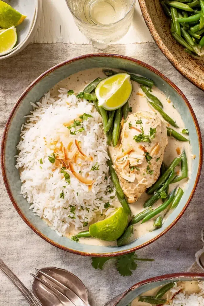 Tender coconut lime chicken with creamy sauce, served with fluffy rice, green beans, and fresh lime wedges.

