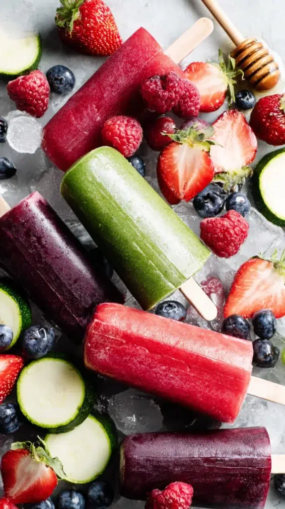 Frozen fruit popsicles in red, green, and purple surrounded by fresh berries, zucchini slices, and ice.
