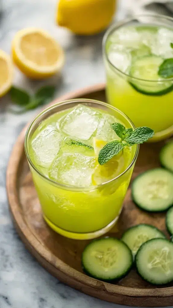 Chilled mint cucumber lemonade with lemon slices and ice cubes on a wooden tray.