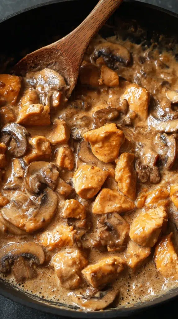 Chicken stroganoff simmering in a creamy mushroom sauce with tender chicken pieces.