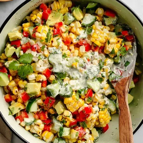 Creamy grilled corn salad with avocado, cucumber, bell peppers, cilantro, and herbs in a mixing bowl.
