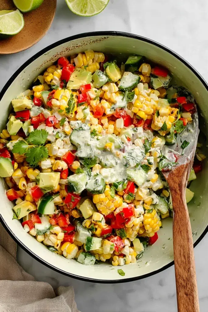 Creamy grilled corn salad with avocado, cucumber, bell peppers, cilantro, and herbs in a mixing bowl.
