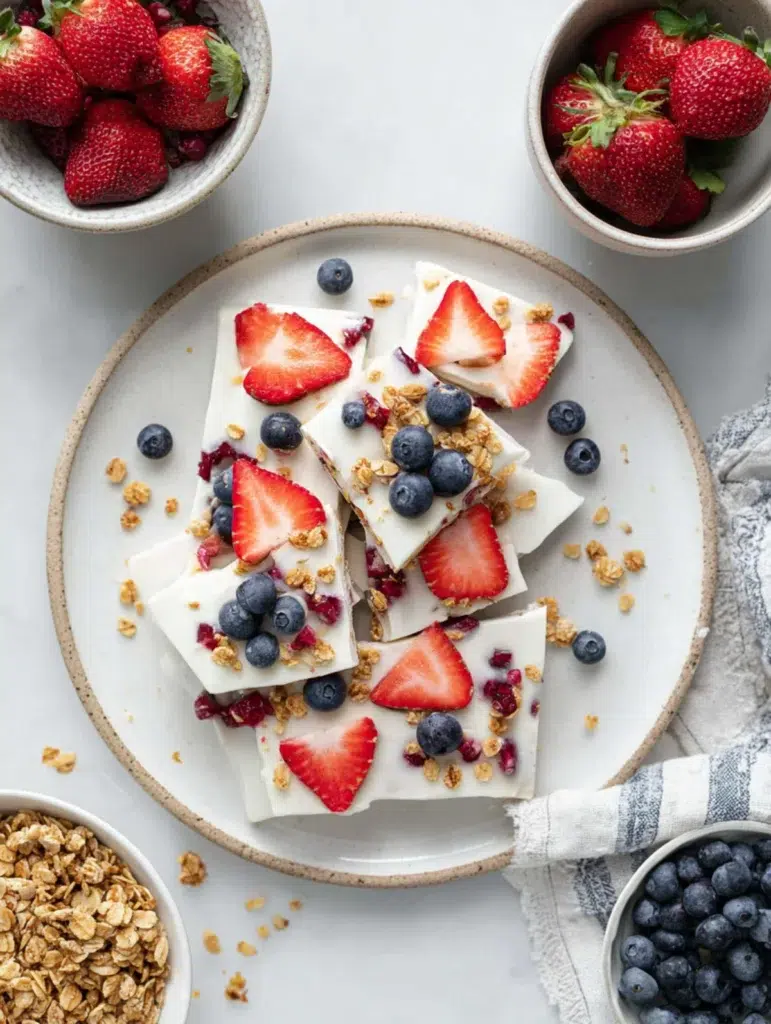 Frozen yogurt bark topped with fresh strawberries, blueberries, granola, and fruit bits on a white plate.