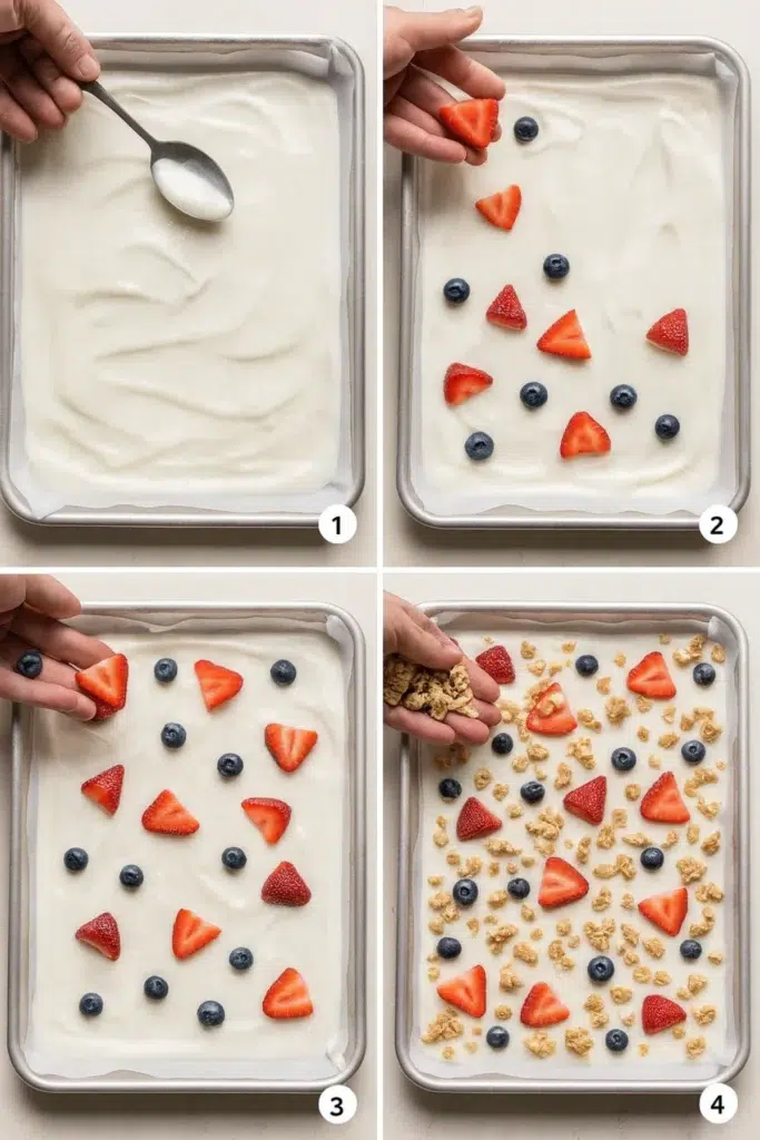 Step-by-step process of making frozen yogurt bark with strawberries, blueberries, and granola on a baking sheet.