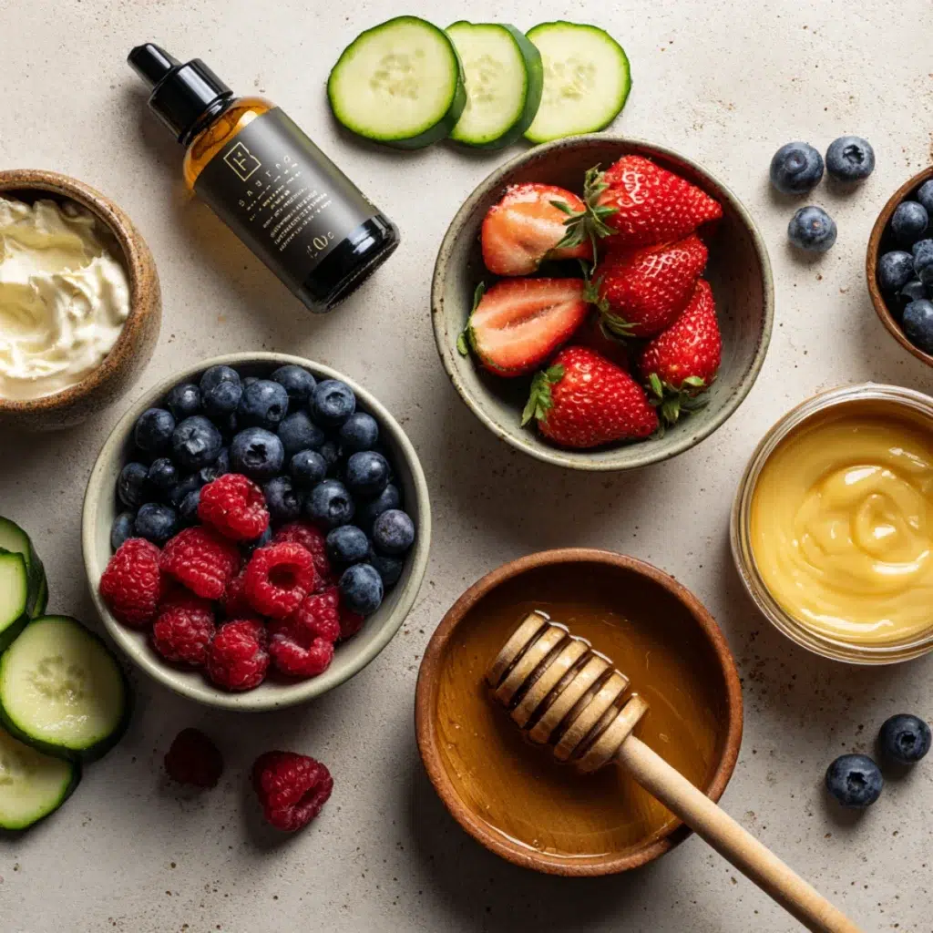 Fresh fruit popsicle ingredients including berries, cucumber, yogurt, honey, and strawberries arranged on a table.
