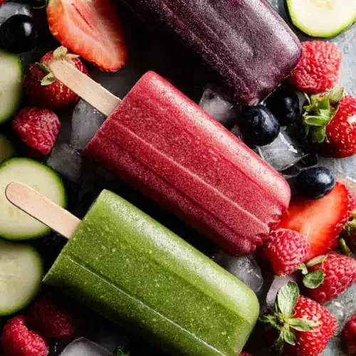 Colorful fruit popsicles with berries, cucumber, and honey, surrounded by fresh fruit and ice cubes.