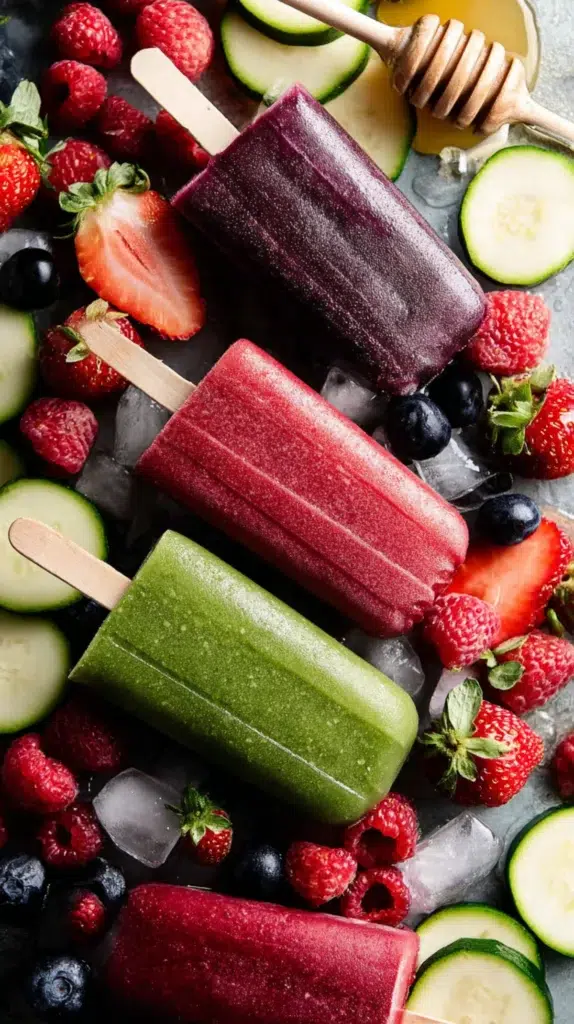 Colorful fruit popsicles with berries, cucumber, and honey, surrounded by fresh fruit and ice cubes.