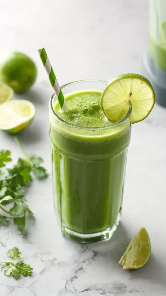 Refreshing green detox smoothie with lime and herbs, served chilled in a tall glass with striped straw.