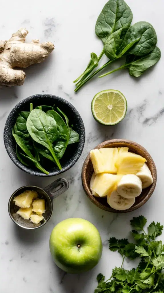 Fresh ingredients for a green detox smoothie: spinach, ginger, apple, banana, lime, pineapple, and cilantro.

