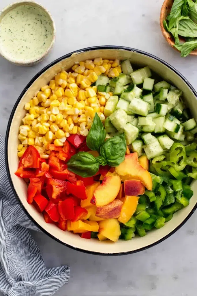 Colorful grilled corn salad with cucumber, bell pepper, peaches, and fresh basil in a large bowl with dressing.